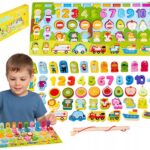 Montessori 7w1 – Drewniana Edukacyjna Gra Logiczna Cyfry, Literki, Rybki