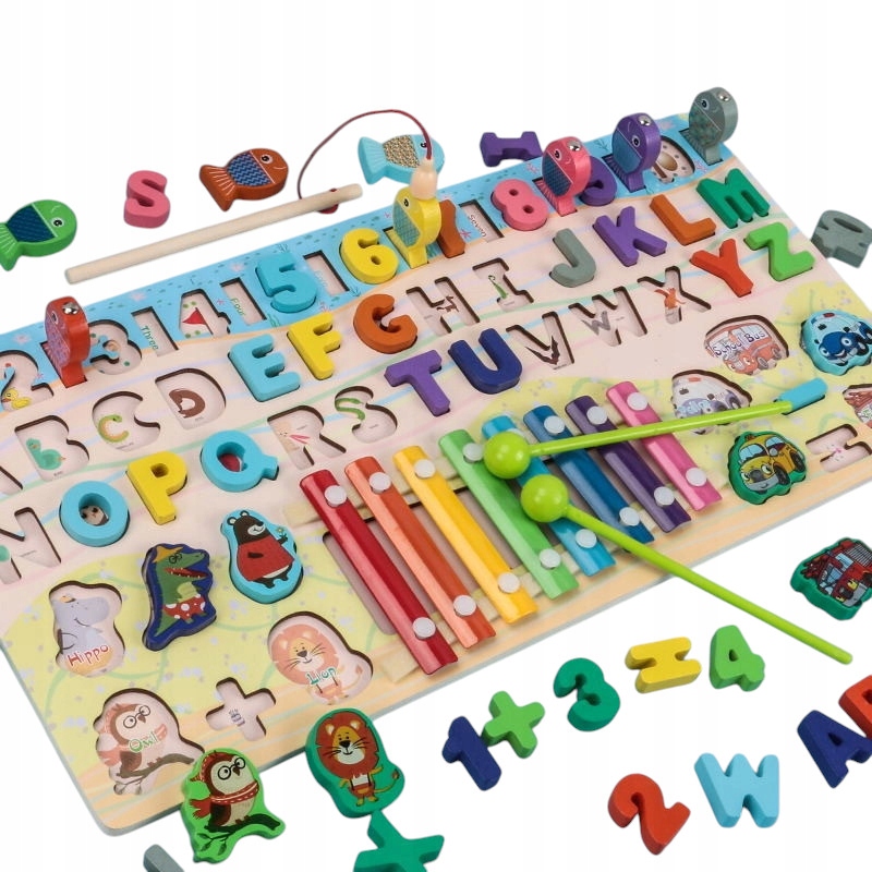 735a3126-42ac-4263-bdca-d5c365bef5b5.jpeg Drewniana Układanka Edukacyjna 5w1 Literki Cyferki Cymbałki Rybki MONTESORI - obrazek 1