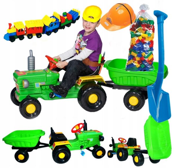 TRAKTOR NA PEDAŁY Z PRZYCZEPKĄ + KASK+ klocki 50el