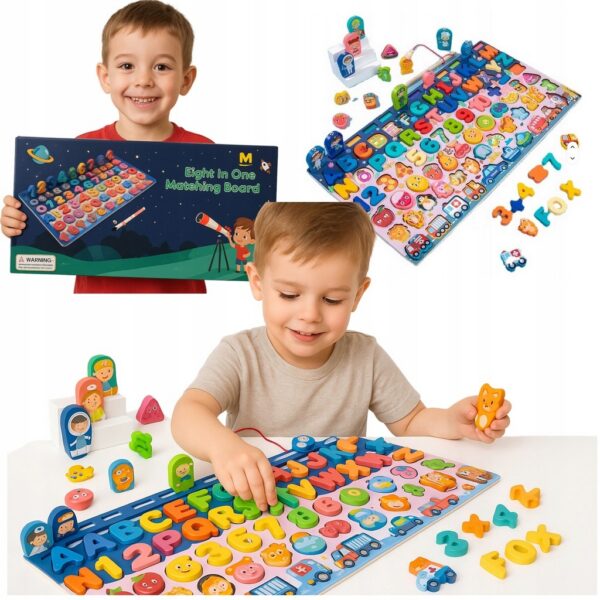 Trening MÓZGU RYBKI Puzzle DREWNO LICZBY LITERY + WĘDKA + POJADY+DINOZURY