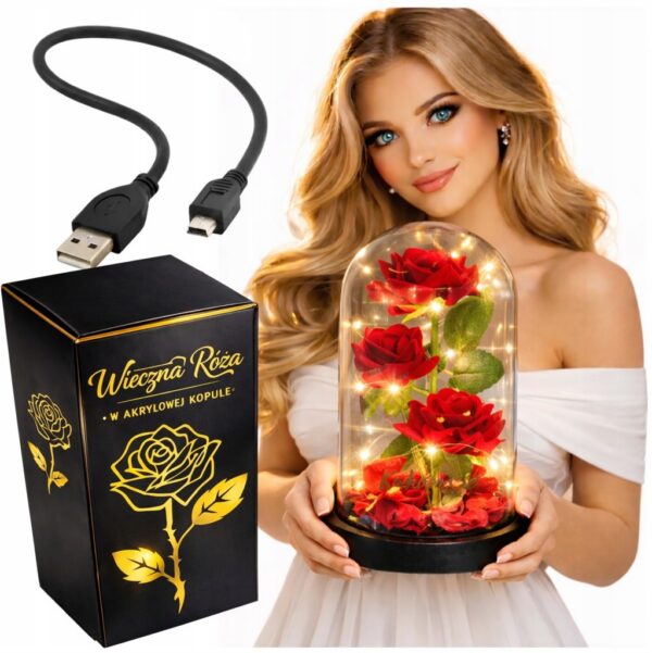 WIECZNA RÓŻA W SZKLE LED ŚWIECĄCA NA BATERIE +KABEL USB NA DZIEŃ MAMY MATKI